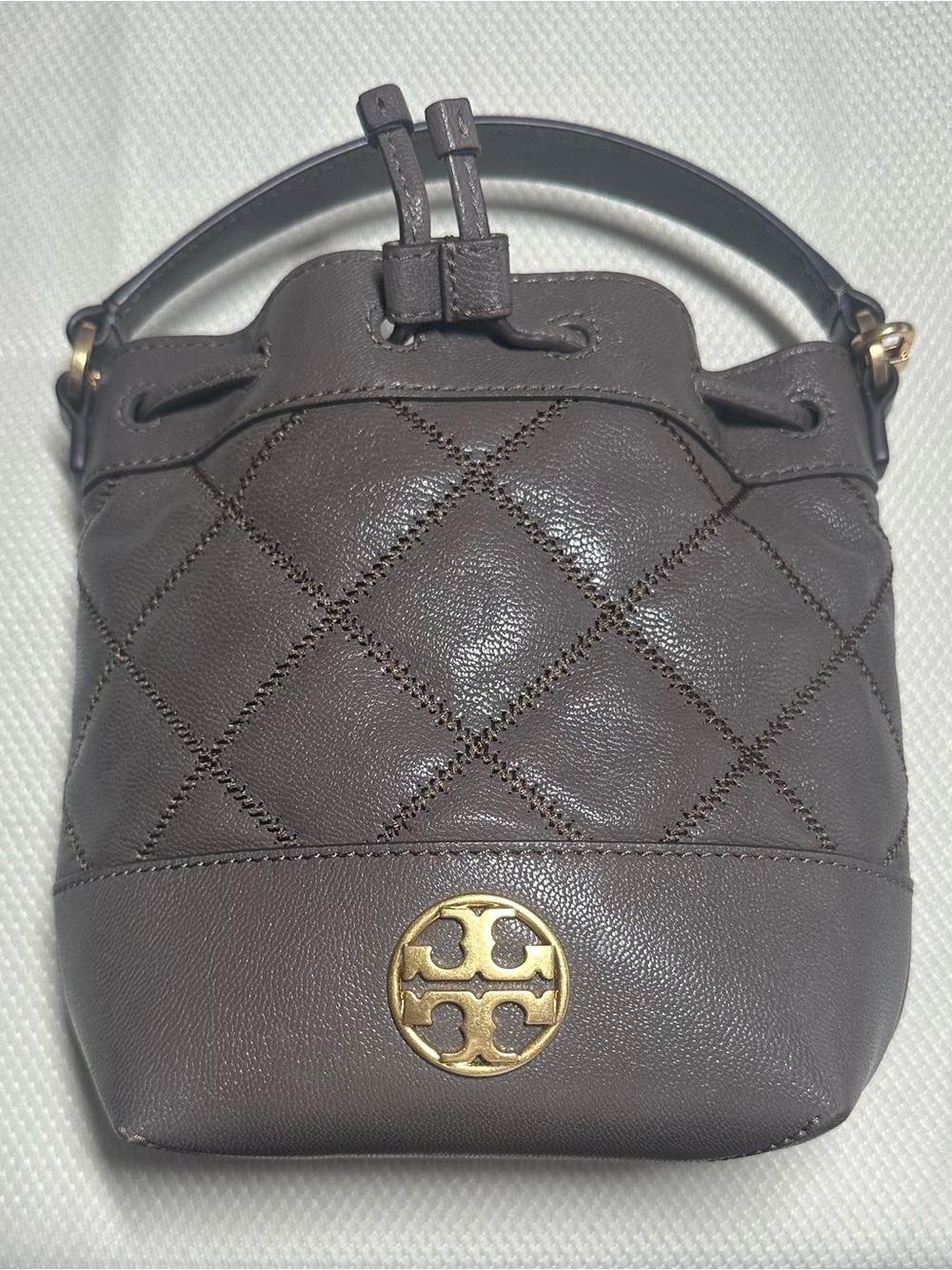 Tory Burch Quilted Chocolate Brown Mini Bucket Bag with Gold Logo
